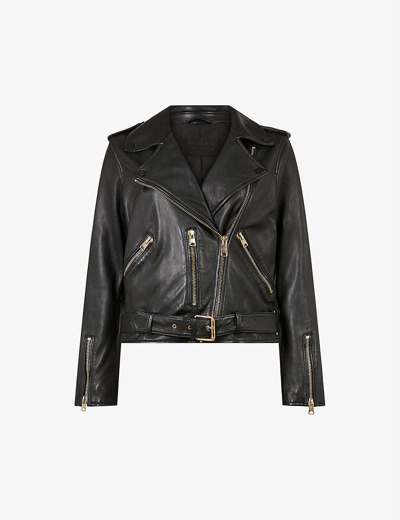 Allsaints Dalby Gold-tone Hardware Leather Biker Jacket In Black/gold