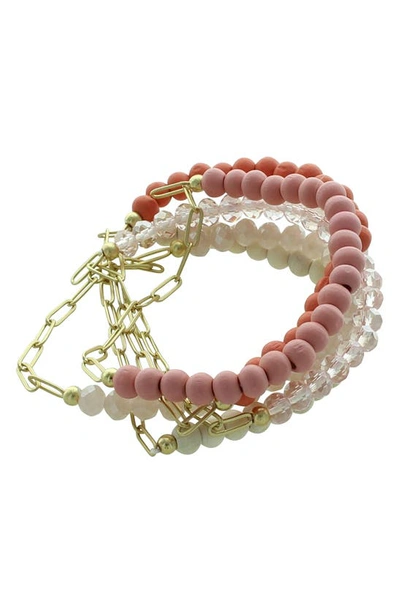 Olivia Welles Gianna Bead & Link Bracelet Set In Worn Gold / Pink