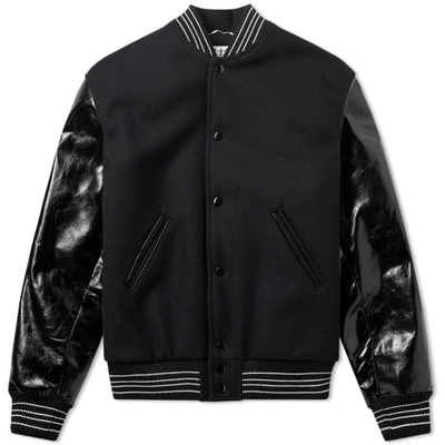 Saint Laurent Leather Sleeve Teddy Jacket In Black
