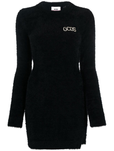 Gcds Crystal-logo Brushed Mini Dress In Black