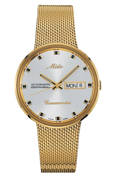 Mido Men's Swiss Automatic Commander Gold-tone Pvd Stainless Steel Mesh Bracelet Watch 37mm In Silver