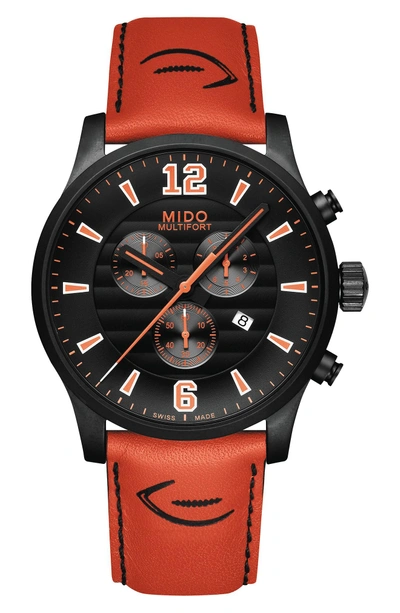 Mido Multifort Chronograph Leather Strap Watch, 42mm In Black/ Orange/ Silver