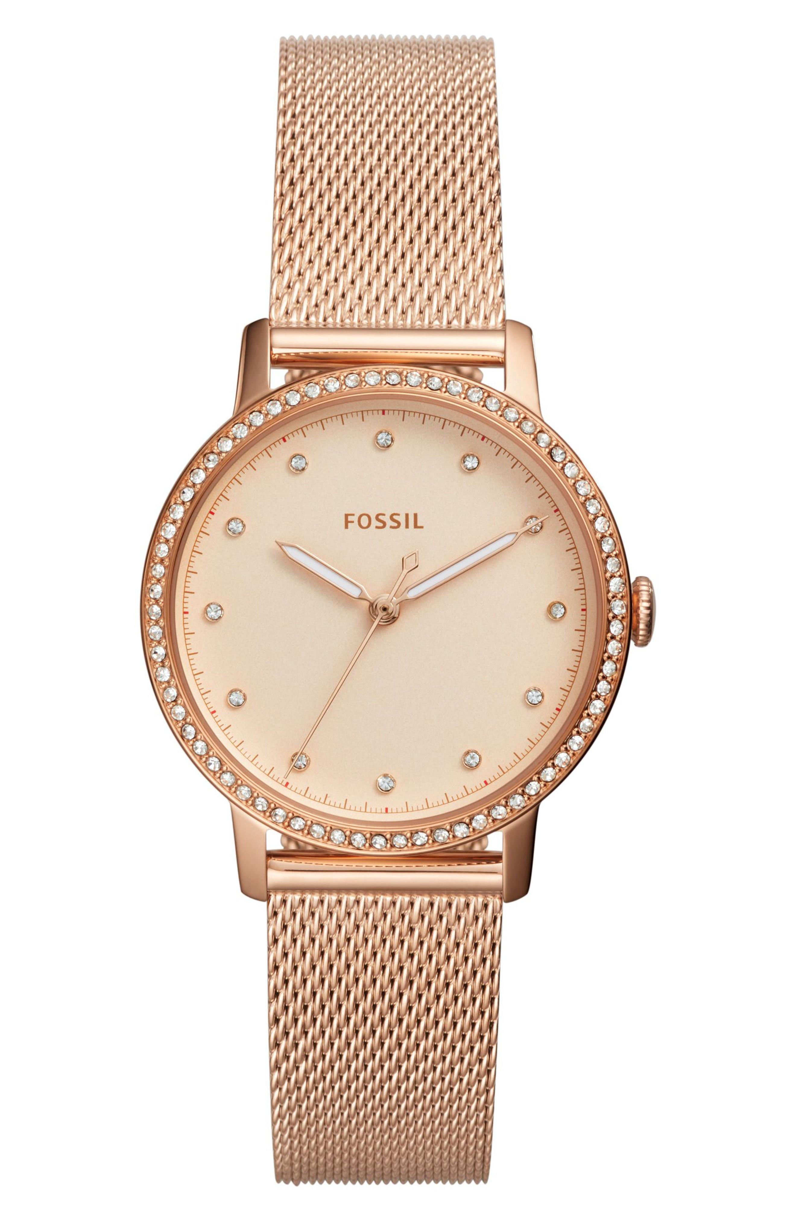 Fossil Neely Crystal Mesh Strap Watch, 34mm In Rose Gold ModeSens