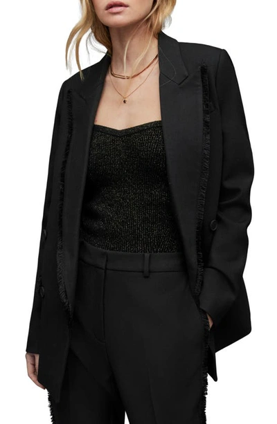 Allsaints Maxine Fray Trim Double Breasted Blazer In Black