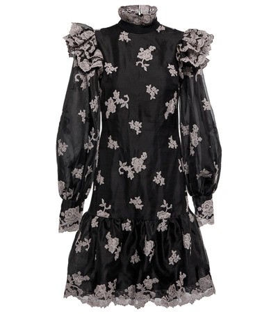 Erdem Nella Floral-embroidered Silk Dress In Black