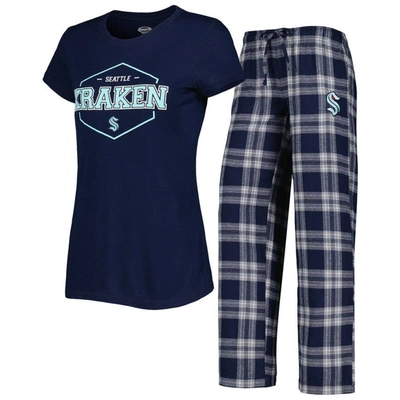 Concepts Sport Women's  Deep Sea Blue, Gray Seattle Kraken Badge T-shirt And Pants Sleep Set In Deep Sea Blue,gray