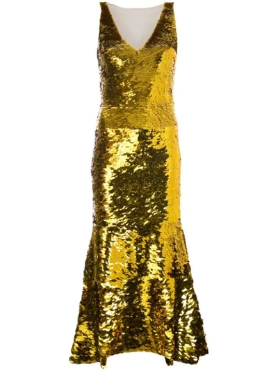 Oscar De La Renta V-neck Sequin-embellished Silk-blend Dress In Gold