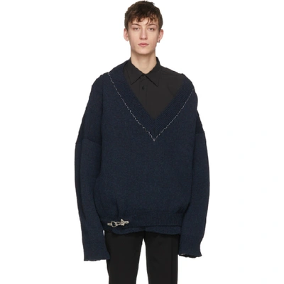 Raf Simons Navy Classic Oversized V-neck Sweater In 00040 Blue