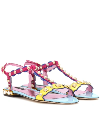 Dolce & Gabbana Sandal In Mixed Materials With Appliqués And Jewel Heel In Pink