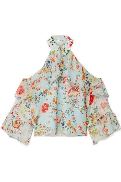 Alice And Olivia Alice + Olivia Blayne Floral Print Cold-shoulder Silk Top In Floral Soiree/dusty Aqua