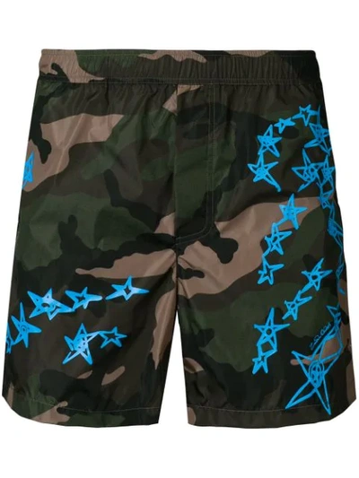 Valentino Zandra Stars Print Swim Shorts In Camou Army Roy Al Bluverde