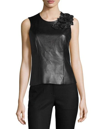 Lamarque Richelle Leather Lace-back Floral-appliqu&eacute; Top In Black