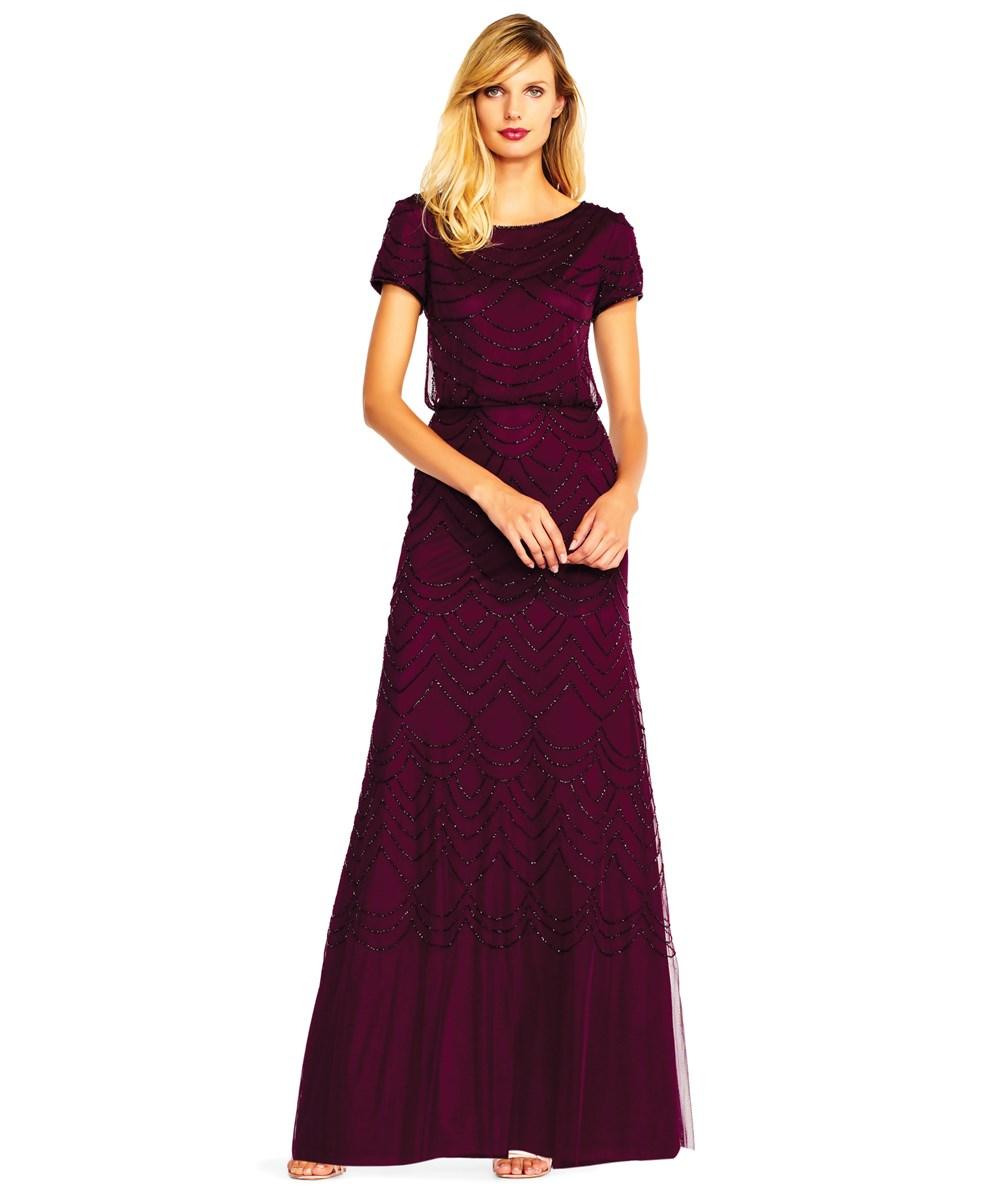 adrianna papell short sleeve beaded blouson gown