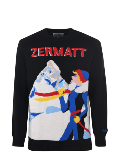 Mc2 Saint Barth Crewneck Sweater Heron With Zermatt Postcard Jacquard In Nero