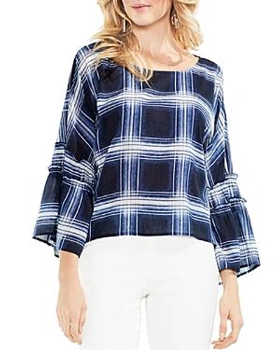 Vince Camuto Shadow Plaid Pleated Sleeve Blouse In Rich Black