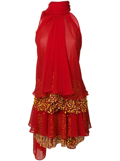 Talbot Runhof Sequin Tiered Dress In Red