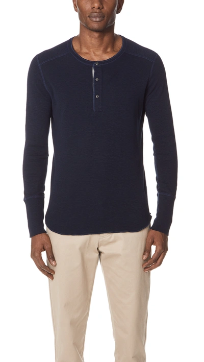 Wings + Horns 1x1 Slub Long Sleeve Henley In Navy