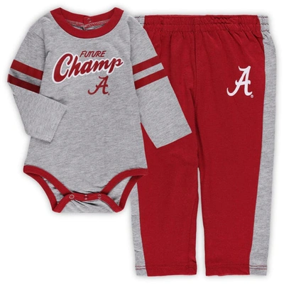 Outerstuff Babies' Newborn And Infant Boys And Girls Heathered Gray, Crimson Alabama Crimson Tide Little Kicker Long Sl In Crimson,gray