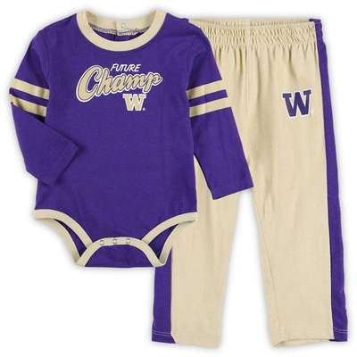 Outerstuff Babies' Infant Purple/gold Washington Huskies Little Kicker Long Sleeve Bodysuit And Sweatpants Set