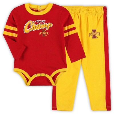 Outerstuff Babies' Infant Boys And Girls Cardinal, Gold Iowa State Cyclones Little Kicker Long Sleeve Bodysuit And Swea In Cardinal,gold