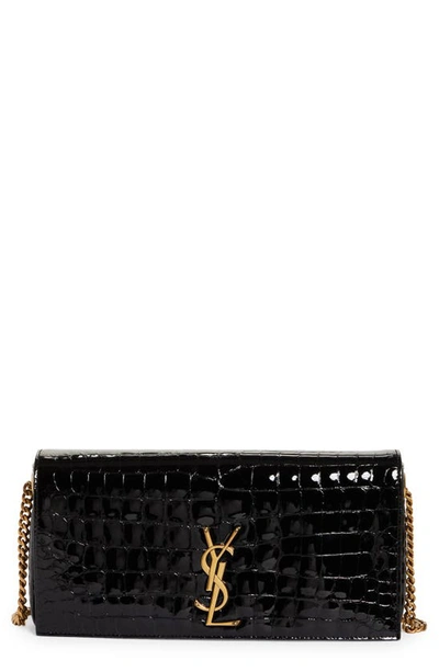 Saint Laurent Kate Medium Ysl Croc-Embossed Crossbody Bag Blue/Nero