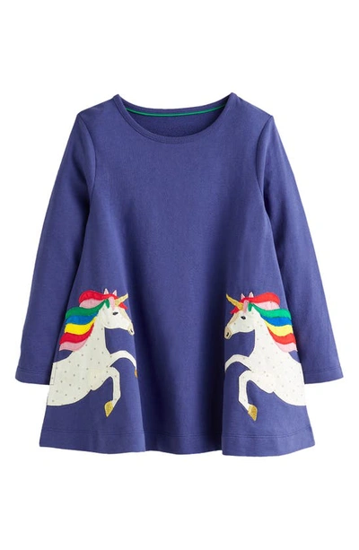 Mini Boden Kids' Appliqué Long Sleeve Cotton Dress In Starboard Blue Unicorn