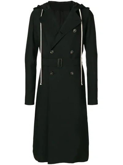 Rick Owens Hooded Viscose Cady Soft Trench Coat In Black