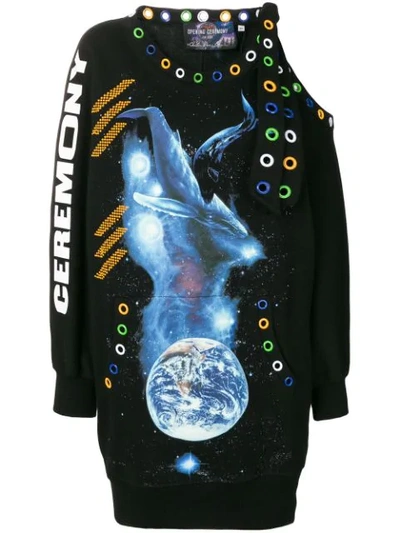 Opening Ceremony Oceanic-creatures Rainbow-grommets Shoulder-cutout Oversized Sweatshirt Dress In Black