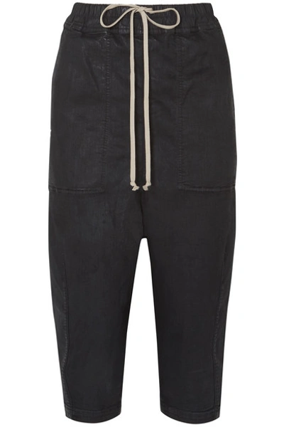 Rick Owens Waxed Cotton-blend Jersey Track Pants In Black