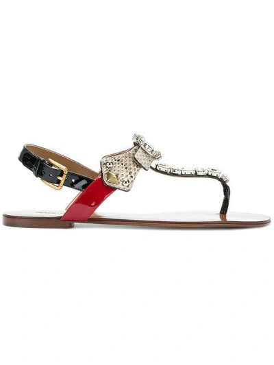 Dolce & Gabbana Embellished Snake Embossed Thong Sandals In Metallic