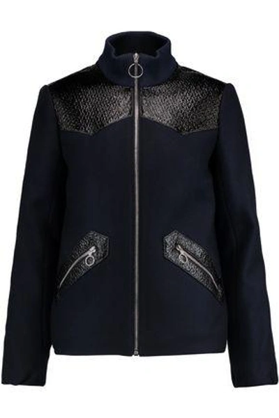 Maje Woman Faux Textured Leather-paneled Wool-blend Jacket Midnight Blue