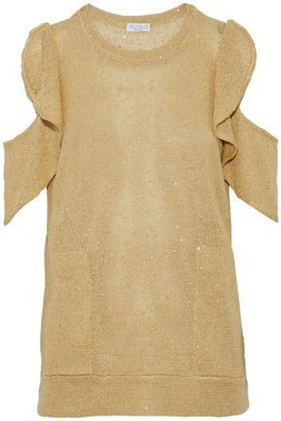 Brunello Cucinelli Woman Sequined Ruffled Cold-shoulder Linen And Silk-blend Knitted Top Sand