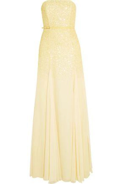 Halston Heritage Woman Belted Sequined Chiffon Gown Pastel Yellow