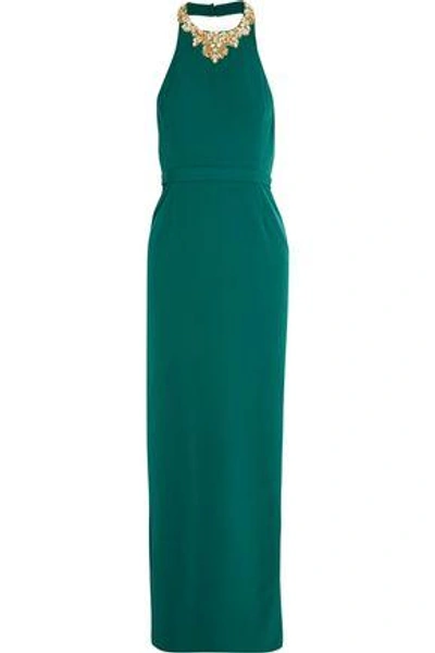 Marchesa Notte Embellished Crepe Gown In Emerald