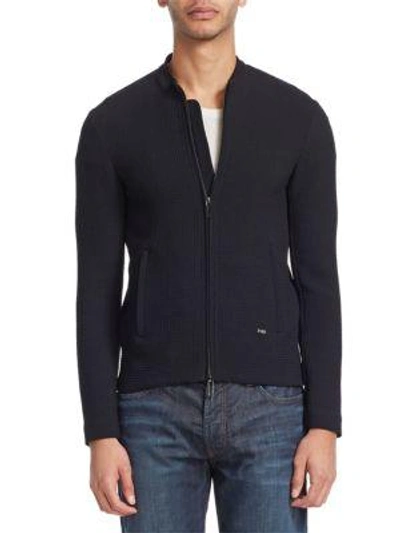 Emporio Armani Textured Knit Jacket In Solid Blue