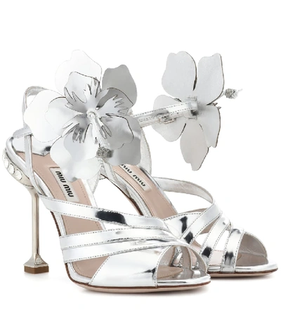 Miu Miu Metallic Leather Ankle-strap Sandals In Silver