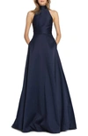 ml Monique Lhuillier Charmeuse Mock Neck Ballgown In Navy