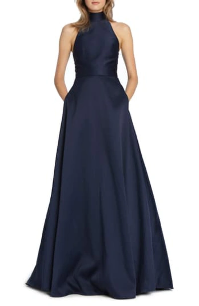 ml Monique Lhuillier Charmeuse Mock Neck Ballgown In Navy