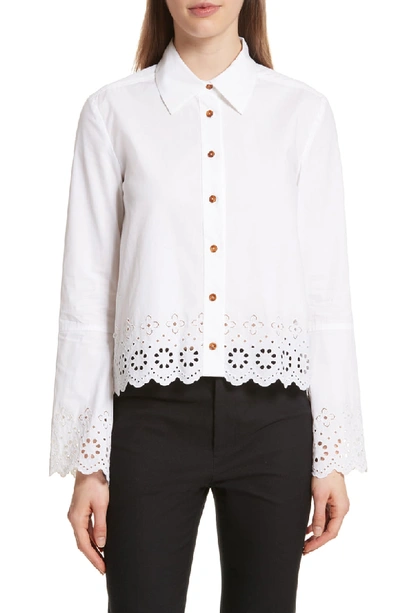 Derek Lam 10 Crosby Long-sleeve Button-down Shirt With Eyelet Embroidery In Optic White