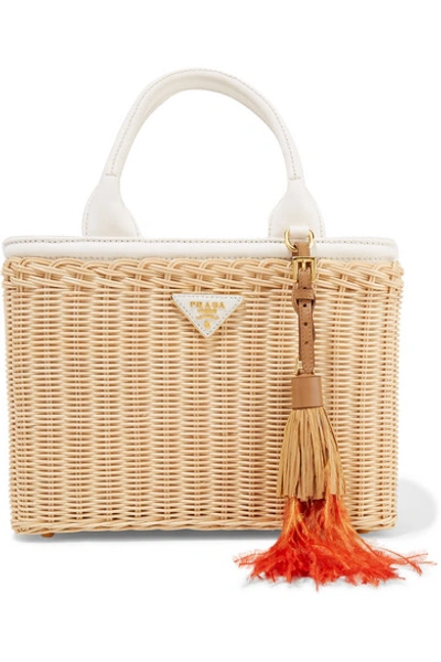 Prada Midollino Tasseled Canvas And Leather-trimmed Wicker Tote