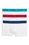 Calvin Klein 3-pack Stretch Cotton Low Rise Trunks In White W/ Blue/ Amaranth Wb