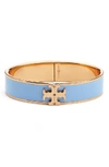 Tory Burch Raised Logo Enamel Hinge Bracelet In Chambray