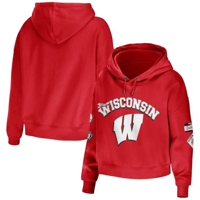 Wear By Erin Andrews Red Wisconsin Badgers Mixed Media Cropped Pullover Hoodie