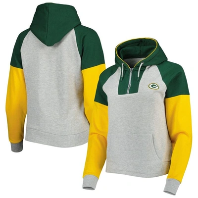 Antigua Heather Gray Green Bay Packers Lightweight Jackpot Raglan Half-zip Pullover Hoodie In Heathered Gray,green