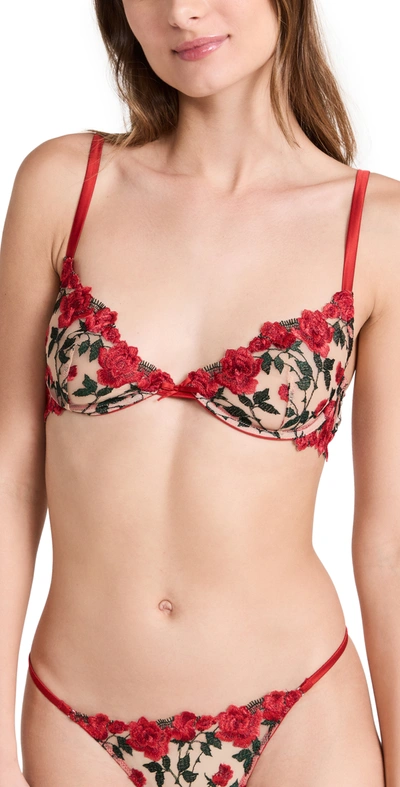 Fleur Du Mal Roses And Thorns Embroidery Demi Bra In Rouge