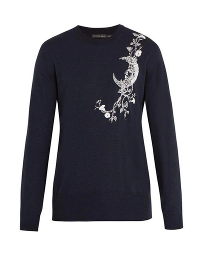 Alexander Mcqueen Moon-embroidered Cashmere-blend Sweater In Navy