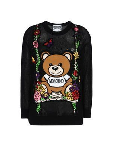 Moschino Teddy Intarsia Open-knit Cotton Sweater In Black