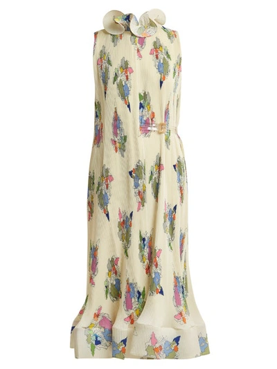 Tibi Pleated Camilia Sleeveless Dress With Removable Belt In Ivory Multi