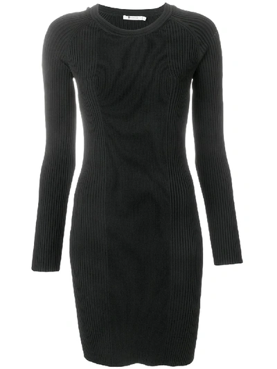 Alexander Wang T Crewneck Raglan Strap-detail Rib-knit Dress In Black