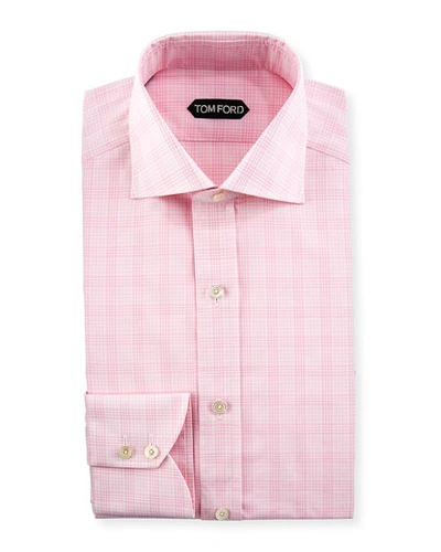 Tom Ford Compressed Plaid Cotton Dress Shirt In Pink